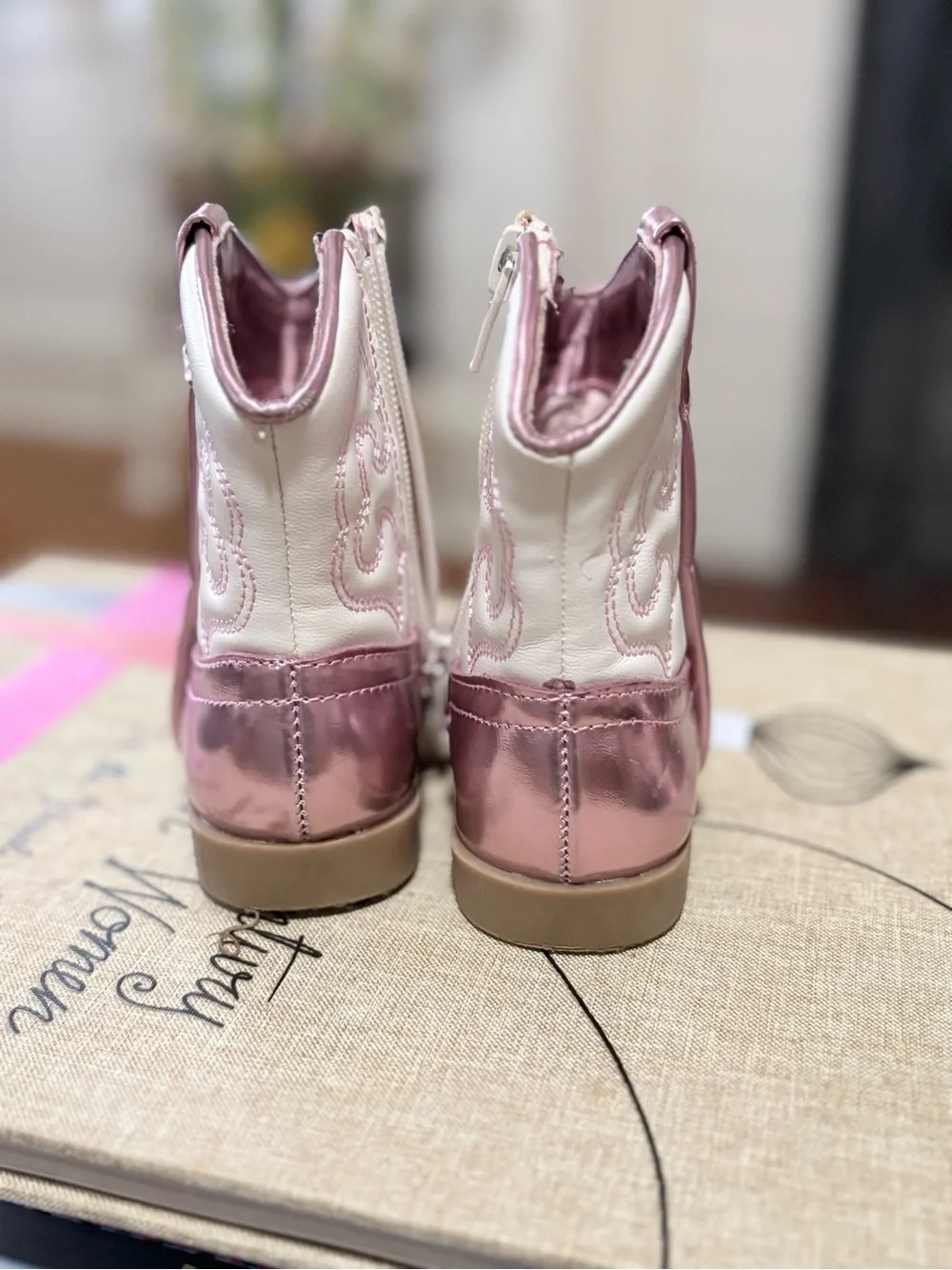 Harper Canyon Metallic Pink and White Kids Western Boots with Side Zip